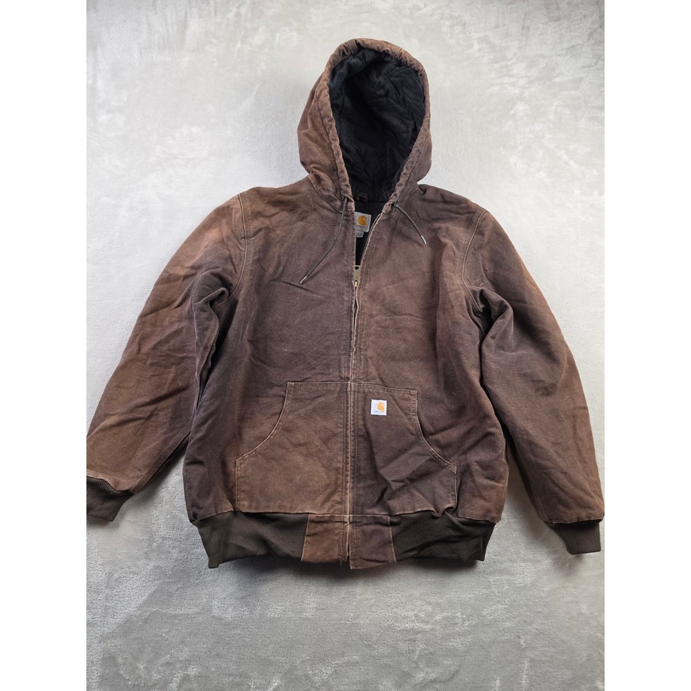 Carhartt WJ130 Active Jacket Women L Brown Lined Canvas Hood Work Heavy Fade Y2K